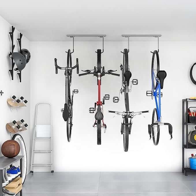 TORACK Overhead Bike Rack for Garage, Ceiling-Mounted Bicycle Storage Hooks for 2 Bikes (Horizontal) or 4 Bikes (Vertical), Adjustable Bicycle Hooks for Mountain, Road Bike