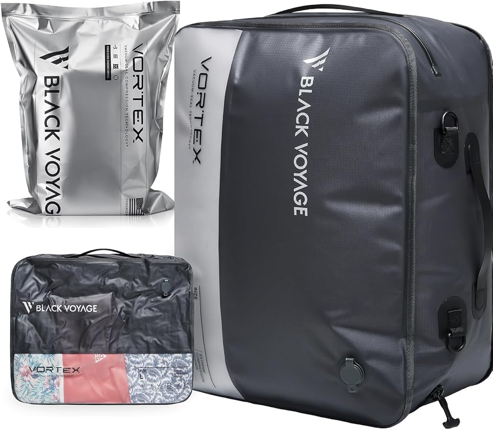Black Voyage Reusable Vacuum Compression Travel Bag for Carry-On Suitcase and Backpack, Recycled IPX8 Waterproof Space Saver Vacpack (1-Pack, 41L - No Pump)