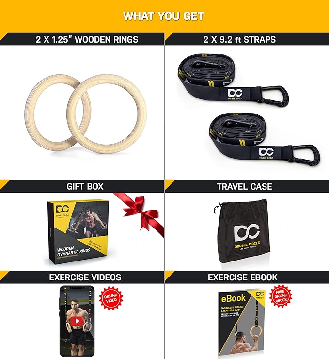 Double Circle Gymnastics Rings with Quick Adjust Numbered Straps and Exercise Videos Guide - Full Body Gym Rings - Calisthenics Rings Wooden Rings 1.25" (Wax Oil Finish)