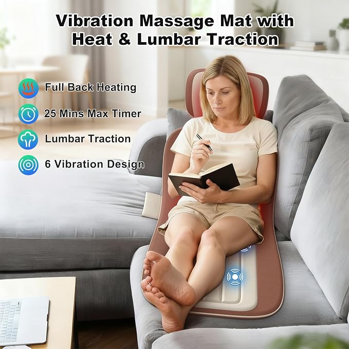 Full Body Massage Mat with 3 Heating Zones, Head & Neck Support Pillow, Soft Foldable Relaxation Pad with Gentle Vibration for Bed, Floor or Couch, Home Use