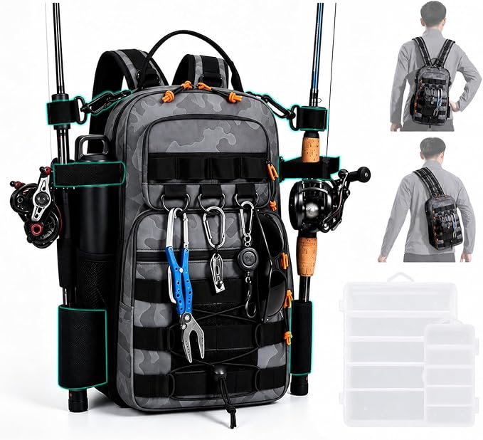 2 in 1 Compact Tactical Fishing Backpack with Tackle Boxes, Lightweight Waterproof Tackle Bag Fit 2 * 3600 Tackle Boxes, 2 Rod Holders Storage, Fishing Accessories Gift for Men Gray