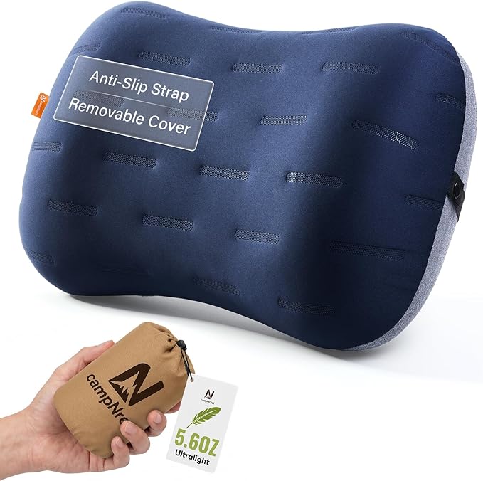 Inflatable Camping Pillow - Ultralight Compact Air Pillow for Travel, Backpacking & Hiking - Ergonomic Neck & Lumbar Support - Portable Inflatable Pillow with Removable Washable Cover - (Navy Blue)