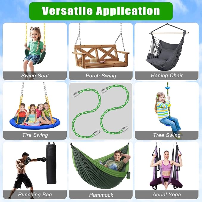 2Pcs 80" Coated Swing Chain with Carabiners 1000 LBs Capacity Heavy Duty Hanging Chains Porch Swing Chains with Hooks Green Chain for Hammock Chairs, Tree Swing, Hanging Chair, Punching Bags