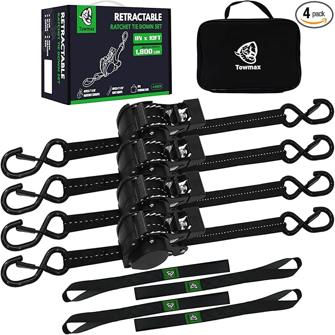 Retractable Ratchet Straps (Patented-4pack) - 1 inch x 10Feet (1,800lb Break Strength) Auto Self Retracting Tie Down Straps - Self Retractable Straps with Refletcive for Motorcyle, Truck or Cargo