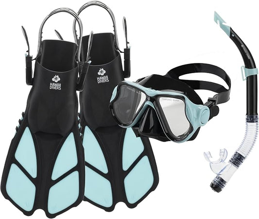 Hawaii Divers Manta Ray Adult Snorkel Set - Premium 2-Window Tempered Glass Snorkel Mask with Silicone Mouthpiece, Snorkeling Gear for Adults
