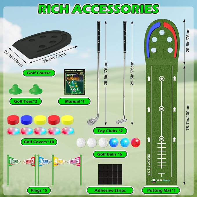 VATOS Golf Putting Mat Indoor for Kids - Golf Game Set with LED Balls, Glow Holes, Irons & Putters, Portable Putting Green Outdoor for Home Backyard Party, Golfs Toy Gifts for Kids 6-14