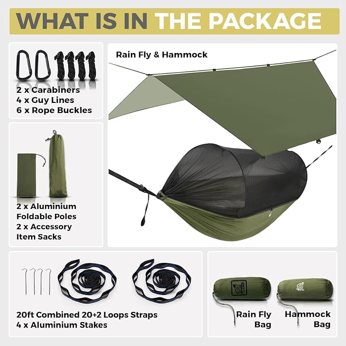 Miztli Camping Hammock with Net & Rain Fly All-in-1 - Double & Single Portable Hammock Ripstop Nylon, Complete Kit w/Adjustable Tree Straps for Backpacking, Outdoor, Travel