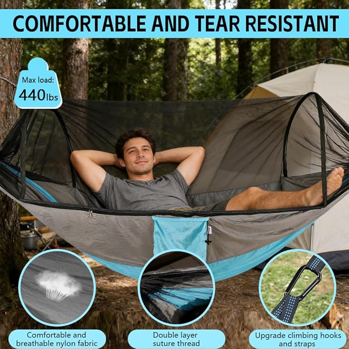 Camping Hammock with Mosquito Net - Double & Single Portable Hammocks with 2 Tree Straps, Lightweight Hammock Tent for Outdoor Camping, Hiking, Backpacking, Beach & Backyard (Blue)