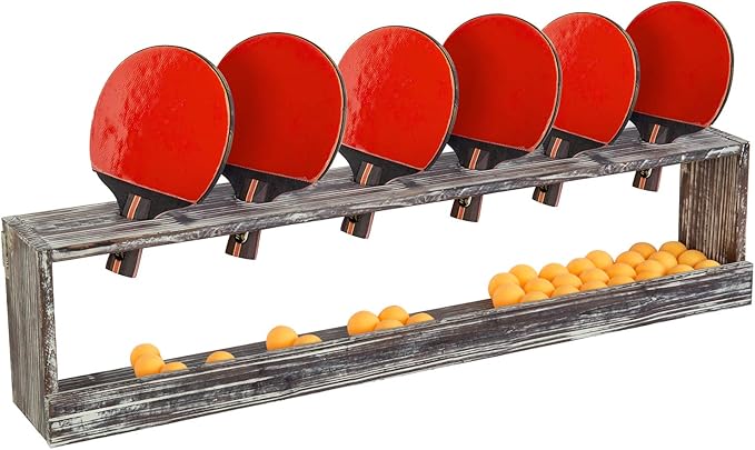 MyGift Wall Mounted Torched Wood Table Tennis Rack for Ping Pong Paddles and Balls Storage Shelf
