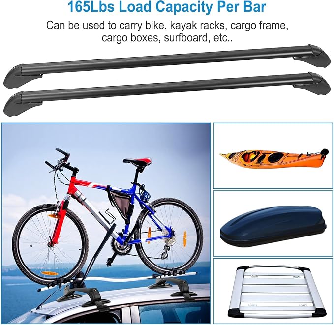 Universal Roof Rack Crossbars, 43" Aluminum Crossbars with Anti-Theft Lock Adjustable Window Frame for Car Without Side Rails for Bike Kayak Cargo Luggage, 165LBS Capacity Black