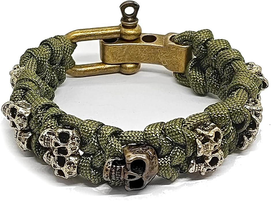 Skull Paracord Bracelet Black Green Paracord Bracelet Adjustable Gothic Design Bracelets with Metal Skull Charms U-Shackle Closure