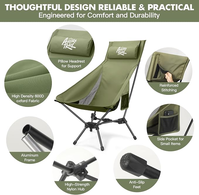 AuroraTrail High Back Folding Camping Chair with Pillow – Lightweight Portable Outdoor Chair with Cup Holder & Carry Bag, Sturdy Aluminum Frame Supports up to 374 lb for Camping, Hiking & Festivals