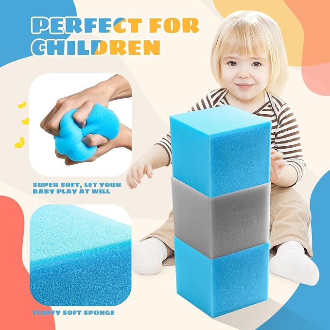Foam Pit Cubes, 24 PCS 5 Inches Gymnastics Foam Blocks Trampoline Blocks, Multi-Sport Protective Padding for Gymnastics, Trampoline, Parkour, Skate Parks & BMX - Grey & Blue