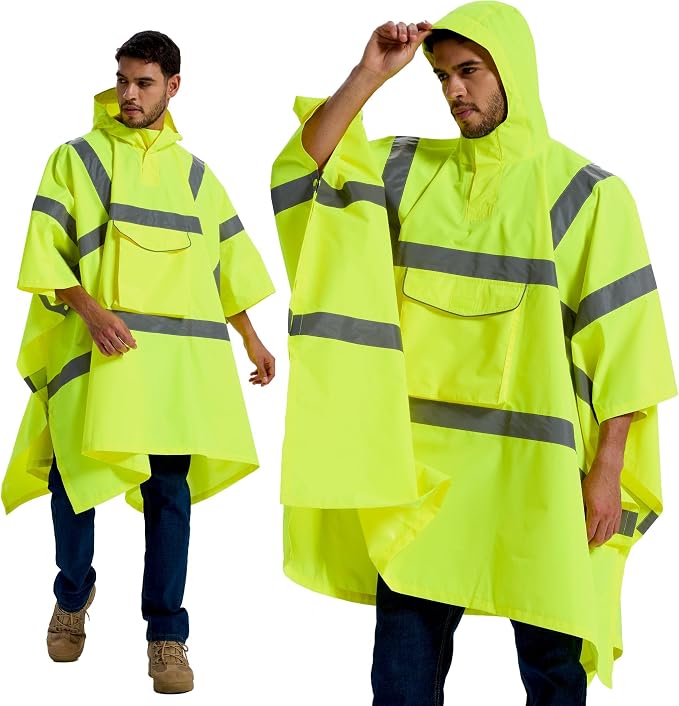 SRsafety Hi Vis Rain Poncho,High Visibility Rain Ponchos for Adults with Pocket,Safety Rain Jacket Stowable Conjoined Cap