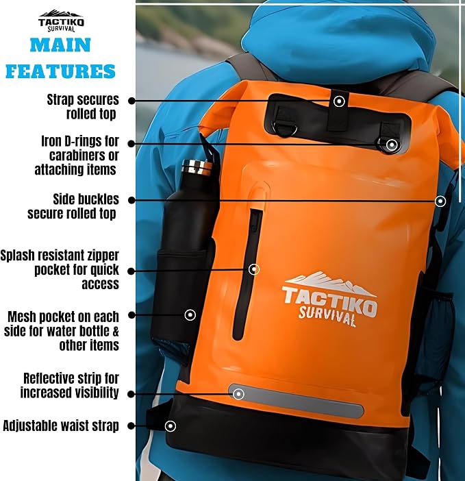 TACTIKO 35L Heavy-Duty 100% Waterproof Backpack, Roll Top Dry Bags for Kayaking, Hiking, Camping, Survival