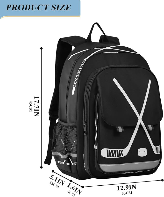 Fisyme Hockey Stick Puck Black School Backpack Laptop Backpack Bags Bookbag Travel Casual Computer Notebooks Daypack