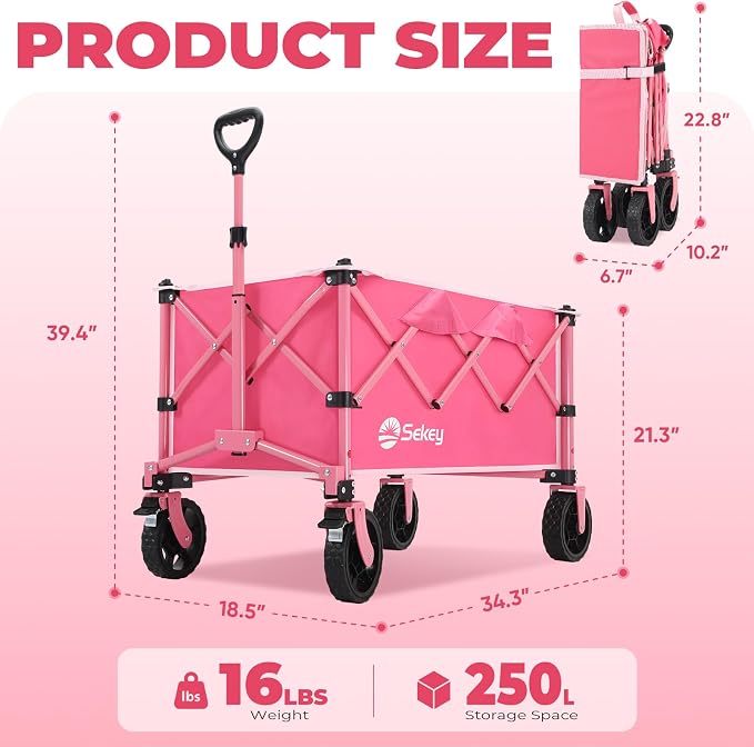 Sekey Collapsible Foldable Wagon with 330lbs Weight Capacity, Heavy Duty Folding Wagon Cart with Big All-Terrain Wheels & Drink Holders. Pink