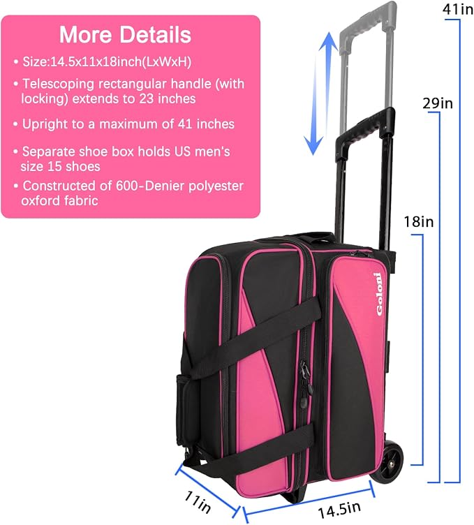 Goloni 3 Ball Bowling Bag with Wheels, 2+1 Double Roller Bowling Bag with Shoe Compartment,Tote Bag for Bowling Accessories