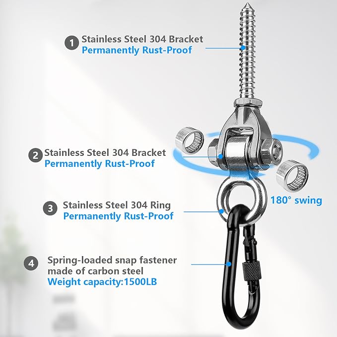 2-Pack Heavy Duty Swing Hangers with Bearings- 304 Stainless Steel Swing Hooks Set Brackets with 2 Oval Hooks,1500LB Capacity for Porch Swings, Hanging Chairs, Punching Bags, Gym Equipment
