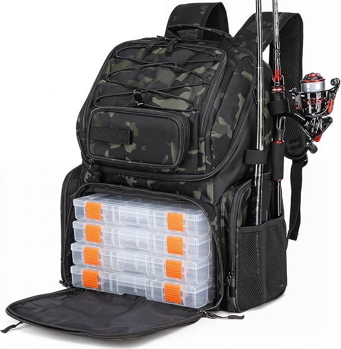 HAMBOLY Fishing Backpack with Tackle Boxes, 50L Fishing Tackle Bag with Cooler & Rod Holders, Waterproof Tackle Bag for Men