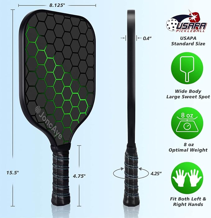 JoncAye Pickleball Paddles Set of 4 or 2, USAPA Approved Fiberglass Rackets with Outdoor Indoor Balls, Bag, Overgrip, Lightweight for Family, Professional Equipment for Beginners Intermediate
