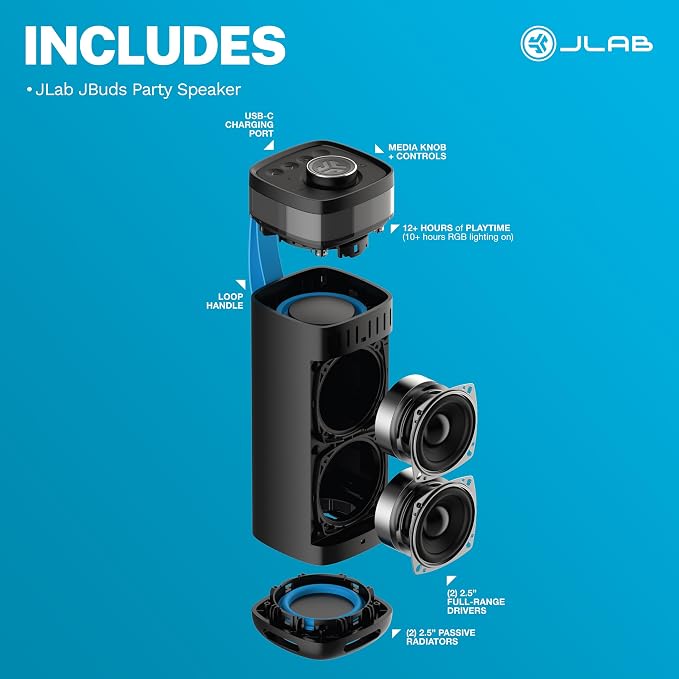 JLab, JBuds Party, Portable Bluetooth Speaker, IP56 Waterproof, Multi-Speaker Connect, RGB Lighting, Black