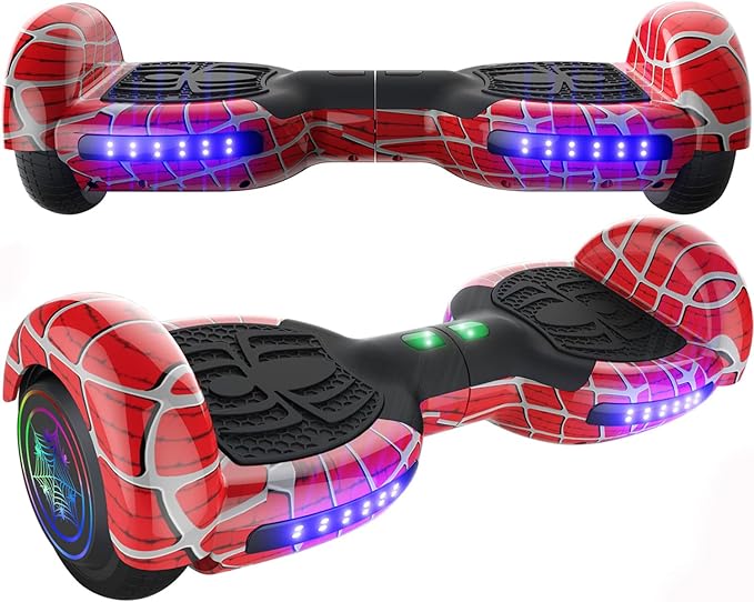 Spider-Pattern Hover Board for Kids Ages 6-12, with Bluetooth Speaker and LED Lights 6.5" Hover Board, UL2272 Safety Certified (Red)