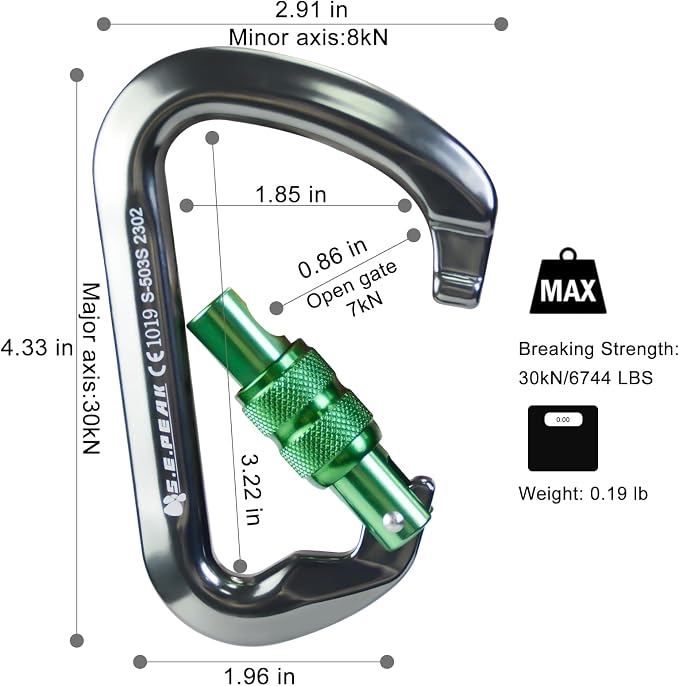 SEPEAK UIAA 30kN Locking Climbing Carabiner, Professional Heavy Duty Screwgate Clip for Outdoor Climbing, Mountaineering, Rappelling, Camping, Hiking, Swing,Large D Carabiner Hook/6744lb