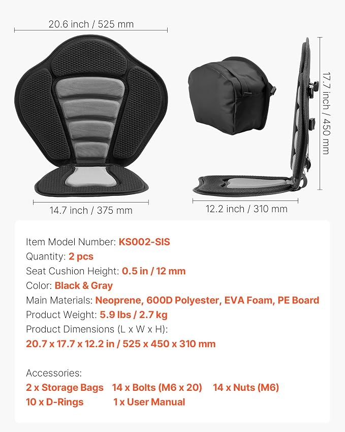 VEVOR Kayak Seat, Universal Paddle Board Seat with Adjustable Back Support, Multiple Thickness Options (0.5” to 2.6”), Soft Padded Cushion & Storage Bag for SUP, Canoe, Fishing Boat, Inflatable Kayak