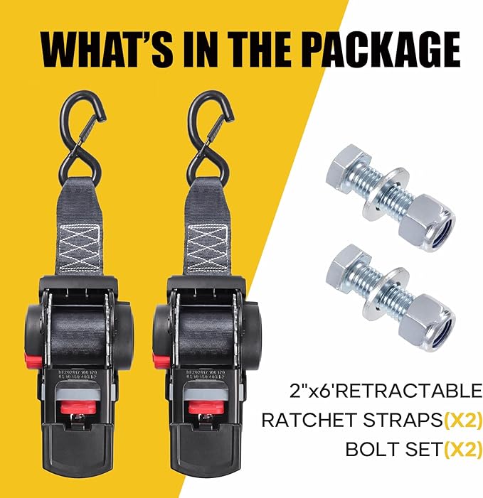 Ayaport Retractable Ratchet Straps 2 inch x 6ft Boat Transom Tie Down Straps to Trailer - 3300lbs Break Strength, Heavy Duty Bolt-on Trailer Straps for Boat, Jet Ski, Motorcycles, ATV