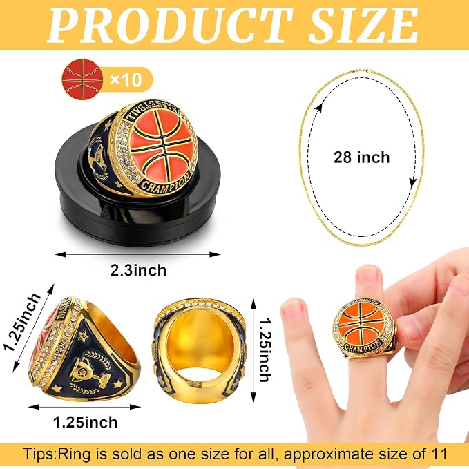 Highergo 1 PC Champion Mvp Rings Baseball Soccer Basketball Volleyball Football Softball Trophy Ring with Display Stand and Neck Chain Size 11 for Winner Tournament Award Gift(Baseball)