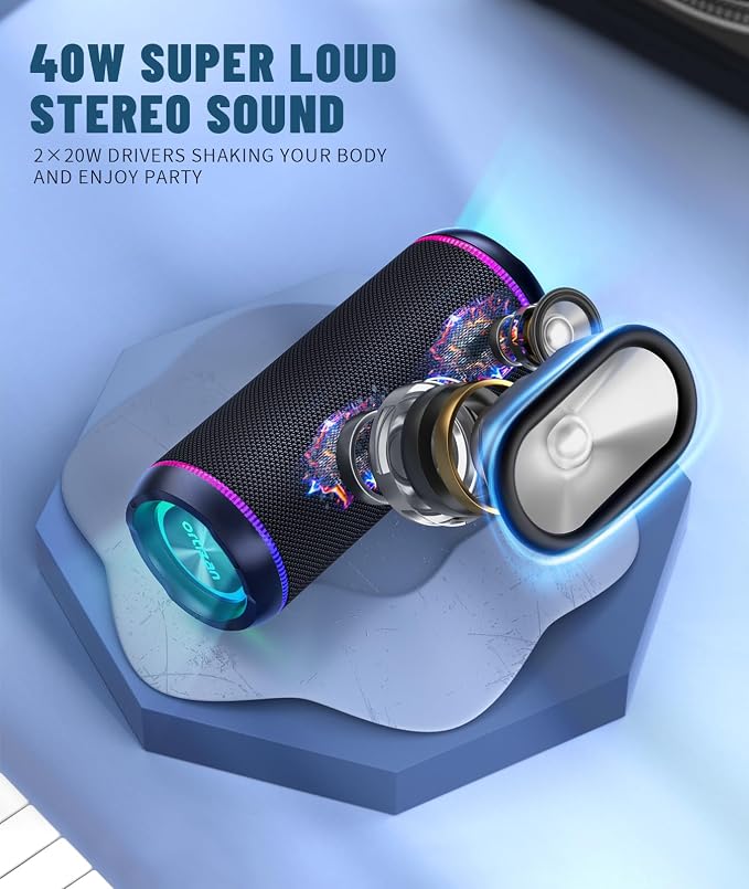 Ortizan X30 Portable Bluetooth Speaker (3rd Gen) – 40W Loud Bass for Pool Parties & Outdoor Adventures, IPX7 Waterproof, 30-Hour Battery, Beat-Synced LED Lights, Wireless Stereo Pairing, Black