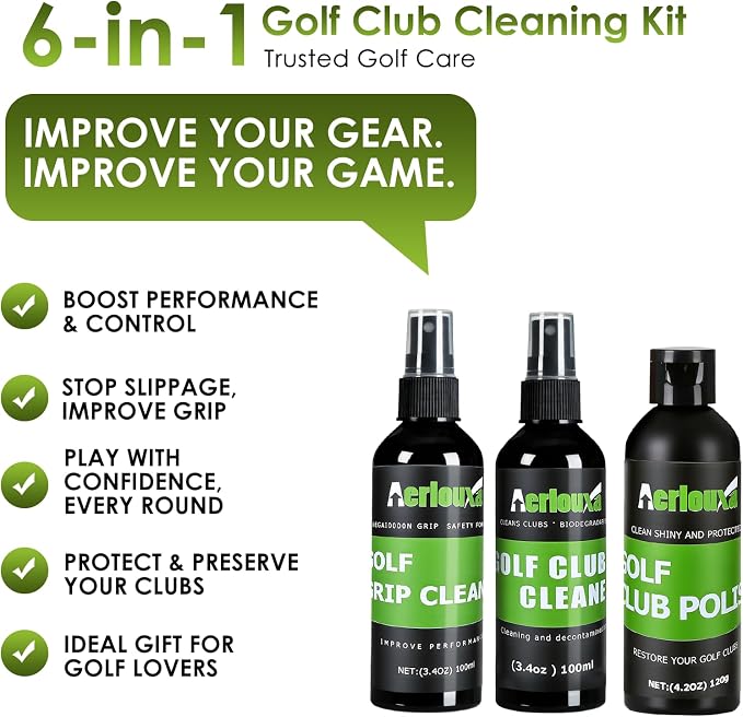 6-in-1 Golf Club Cleaning Kit - Club Cleaner, Grip Cleaner, Polish, Water-Spray Brush,Professional Golf Towel & Portable Bag | Restores Clubs, Removes Rust/Scratches, Renews Tackiness