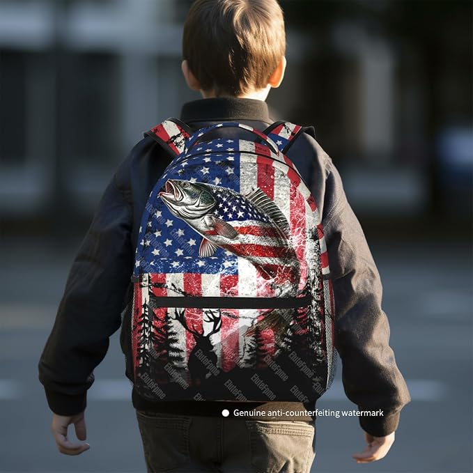 School Backpack Boys Bass Fish American Flag Backpack for Kids Children Elementary Middle School Backpacks Fishing Bookbag Travel Back Pack for Age 6-18