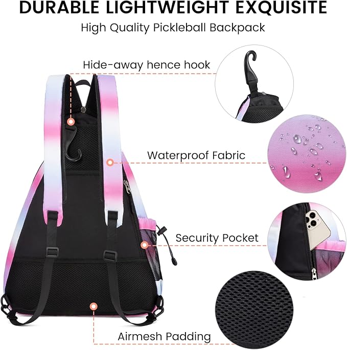 Sucipi Pickleball Bag - Men's & Women's Pickleball Backpack, Adjustable Sling Bag w/Fence Hook/Large Capacity/Safety Pocket
