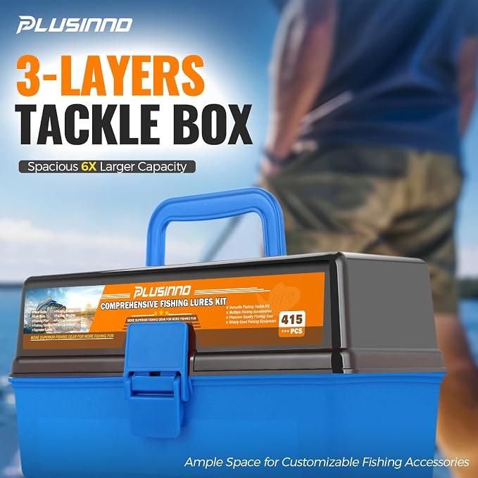 PLUSINNO Large 3 Layers Fishing Tackle Box Lures Kit with Tackle Included | Gifts for Men Kids Starter Kits, Portable Fishing Gear, 6X Larger Space, 16 Proven Rigs, for Bass Trout Panfish Sunfish