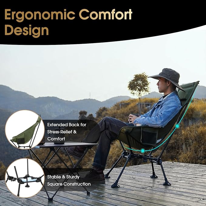 MOON LENCE High Back Folding Camping Chairs, Adjustable Height Beach Chair with Anti-Sinking Feet & Widened Seat (Green)
