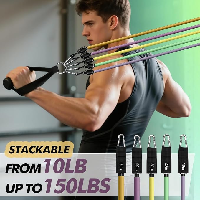 WHATAFIT Resistance Bands, Exercise Bands, Workout Bands with Handles, Door Anchor and Ankle Straps, 5 Resistance Levels Fitness Bands for Strength Training, Physical Therapy, and Home Gym Equipment