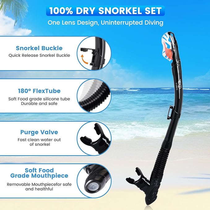 2 Pack Snorkel Mask for Adults - 180° Panoramic View, Anti-Fog Shatterproof PC Lens, Dry Snorkel Set for Diving, Swimming & Travel