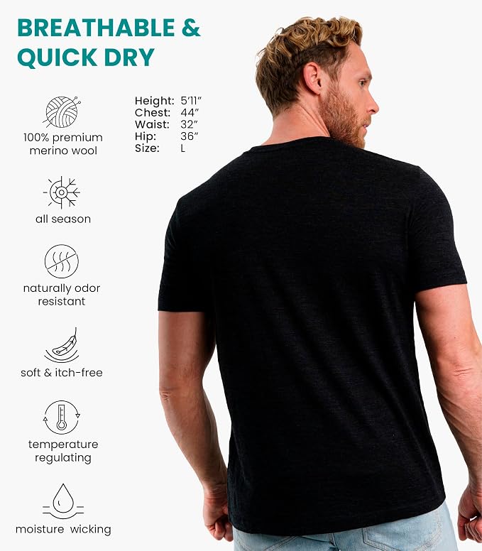 Merino Wool T-Shirt Mens - Merino Wool Undershirt Thermal Shirt for Men and Hiking Socks