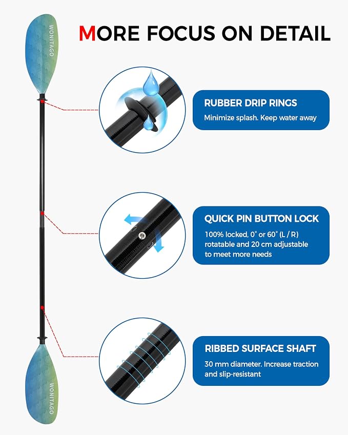 Kayak Paddle with Fiberglass Shaft and Reinforced Nylon Blade, Adjustable Kayaking Oars, 3 Piece, 230-250 cm/90-98 inches, 210-230 cm/82-90 inches