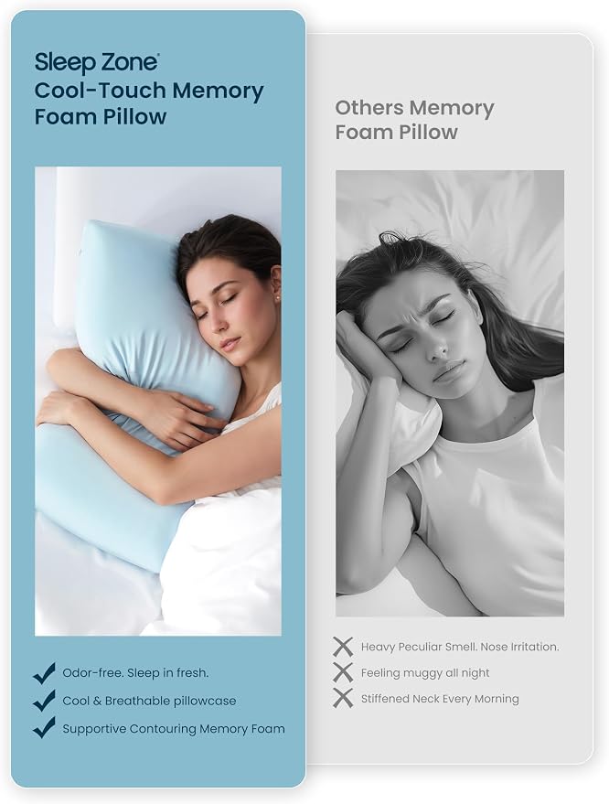 SLEEP ZONE Cooling Memory Foam Firm Pillow Queen, Breathable, Odorless, Cool Surface with High Support for Back and Side Sleepers, Home Hotel Hospital Essentials, 1 Pack Blue