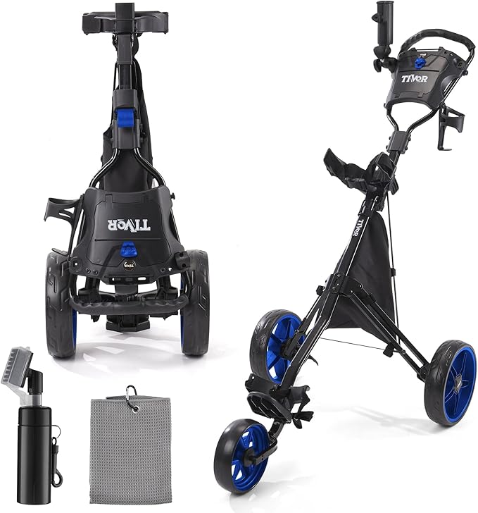 Tivor 3 Wheel Golf Push Cart, Lightweight Push Cart Golf One-Click Folding, Adjustable Height Pushcart for Golf Bags, Compact Design for Ladies, Junior Golfers