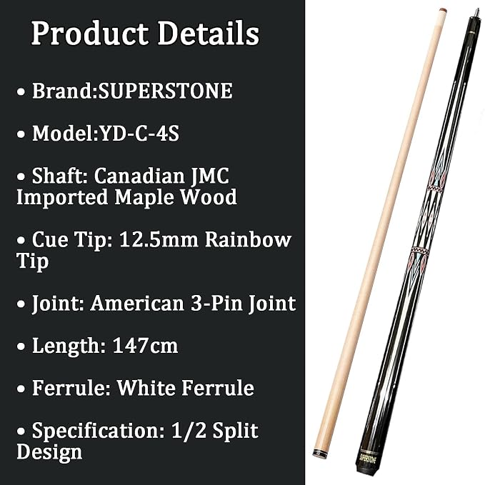 SUPERDIAMOND Pool Cue Stick Set Billiard Cue Sticks with Hard Case, 2-Pieces 58" Pool Table Sticks, 12.5 mm Tip Pool Queue,Pool Stick Set for Home Recreation, Billiards Clubs, Training