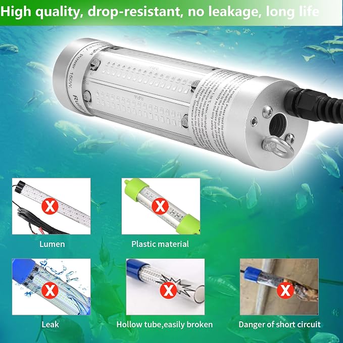 150W 20900lm Underwater Fishing Light, IP68 Waterproof Aluminum Super Bright Night Fish Attracting Submersible LED Lamp Lure Bait Finder for Freshwater Saltwater Sea Kayak Ice Dock (Blue)
