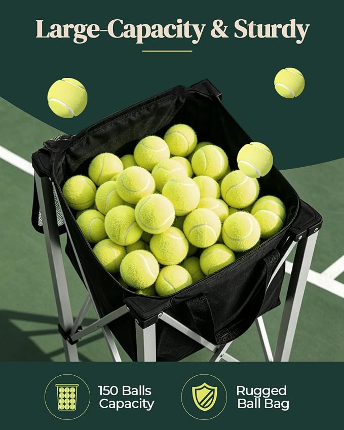 Tennis Ball Hopper Holds 150 Balls, Lightweight Pickleball Basket with Wheels, Portable Ball Cart for Tennis, Pickleball, Baseball, Softball, Suitable for Training and Teaching