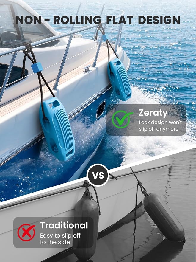 Zeraty Solid EVA Boat Fenders 1-2-4 Packs, 17''x8'' No-Deflation Dock Bumpers with Adjustable Ropes, Modular Stackable Non-Rolling Marine Hull Protector for Pontoon, Yacht, Bass, Jet Ski and Jon Boats