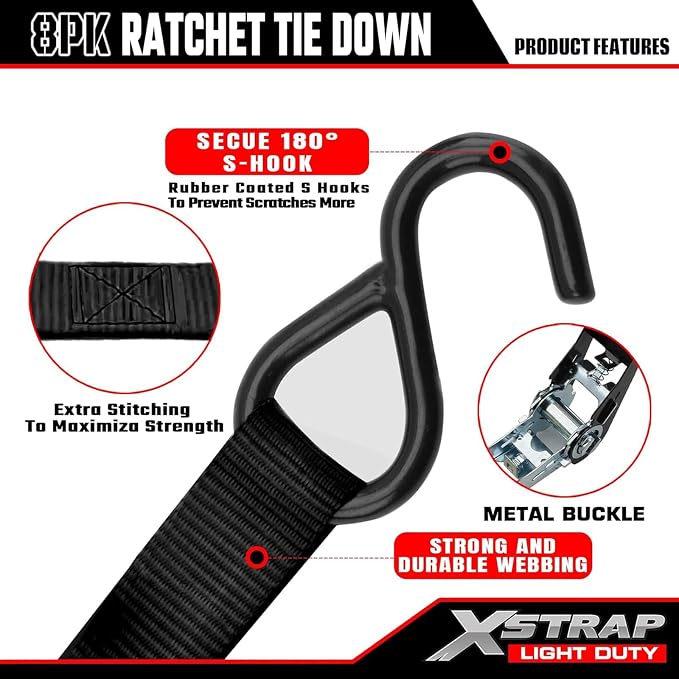 XSTRAP STANDARD 8-Pack Ratchet Tie Down Straps, 1" x 10ft, 900lb Break Strength Heavy Duty Straps for Motorcycles, ATVs, Lawn Equipment, Appliances & Truck Cargo - Black