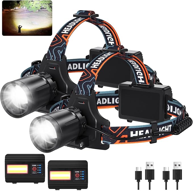 Bitlyle Rechargeable Headlamp Super Bright LED Head Lamp, 2Pack 99000 Lumens Headlamps with 7 Modes, 90° Adjustable Focus Headlight for Forehead Hard Hat Waterproof for Camping Hunting Hiking