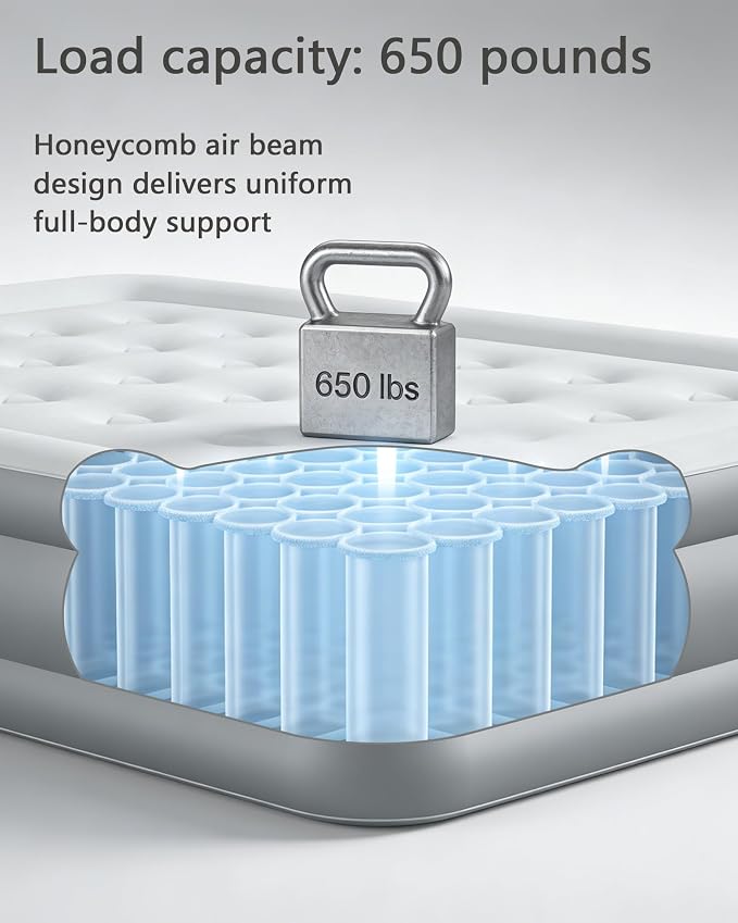 air Mattress Queen with Built in Pump – 18-Inch Thickened Inflatable Mattress for Easy Travel, Supports Up to 650 Pounds Pounds (Dark Gray, Queen)